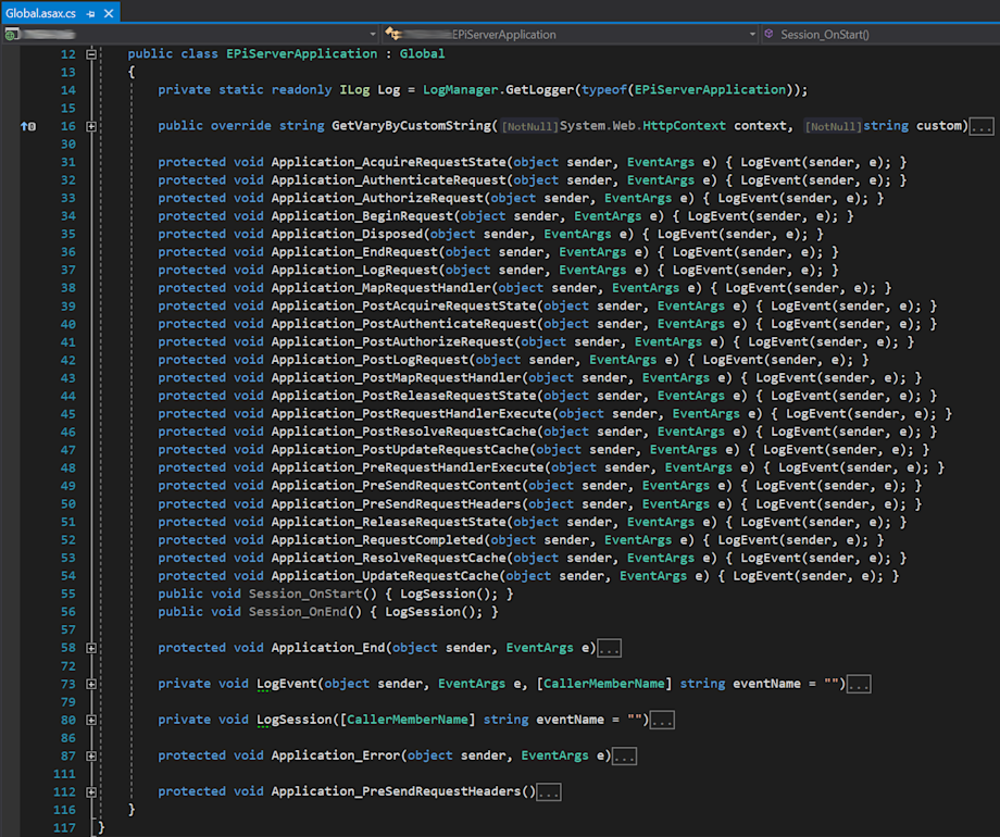 Screenshot: Global.asax.cs with event handlers