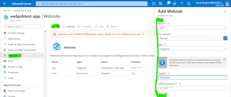 webjob - via portal