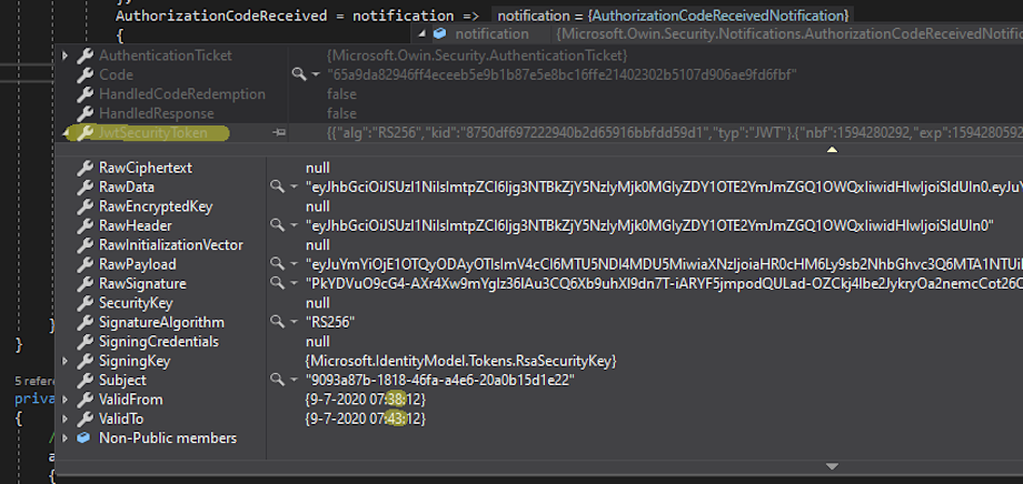 Screenshot: AuthorizationCodeReceivedNotification.JwtSecurityToken.ValidFrom / ValidTo 5 mins apart