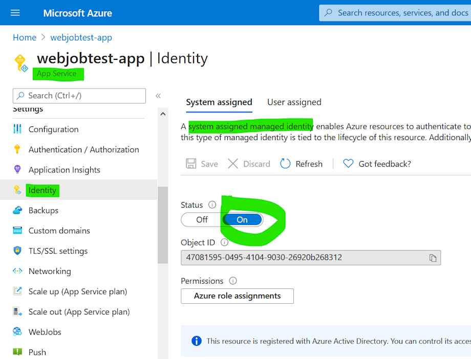 system assigned managed identity - app service