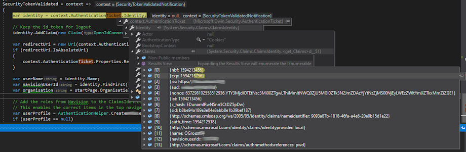 Screenshot: AuthenticationTicket.Identity.Claims nbf / exp