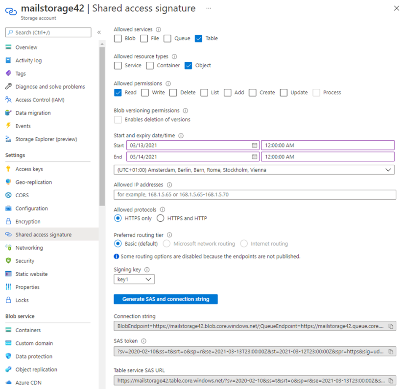 Shared access signature settings page of the storage account in the Azure Portal