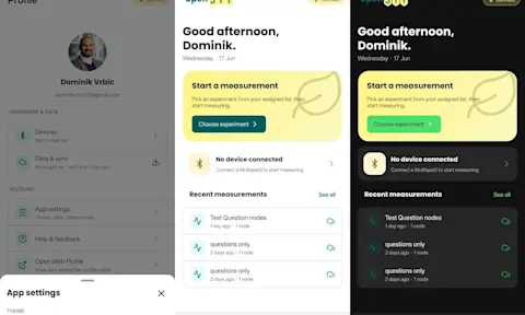 A light/dark theme switch lives in the profile's App settings.