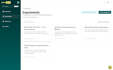 The openJII experiments list.