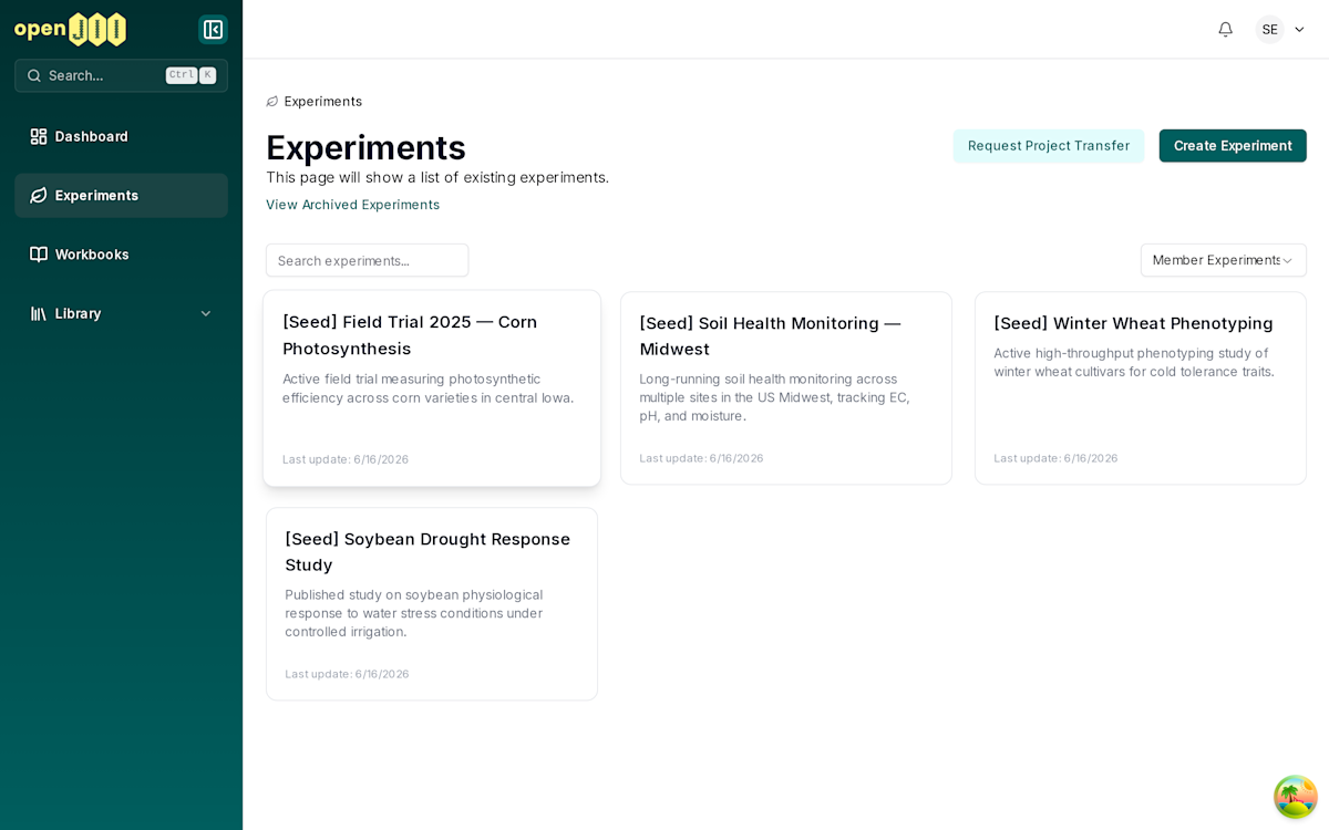 The openJII experiments list.