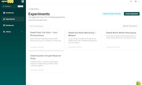 The openJII experiments list.