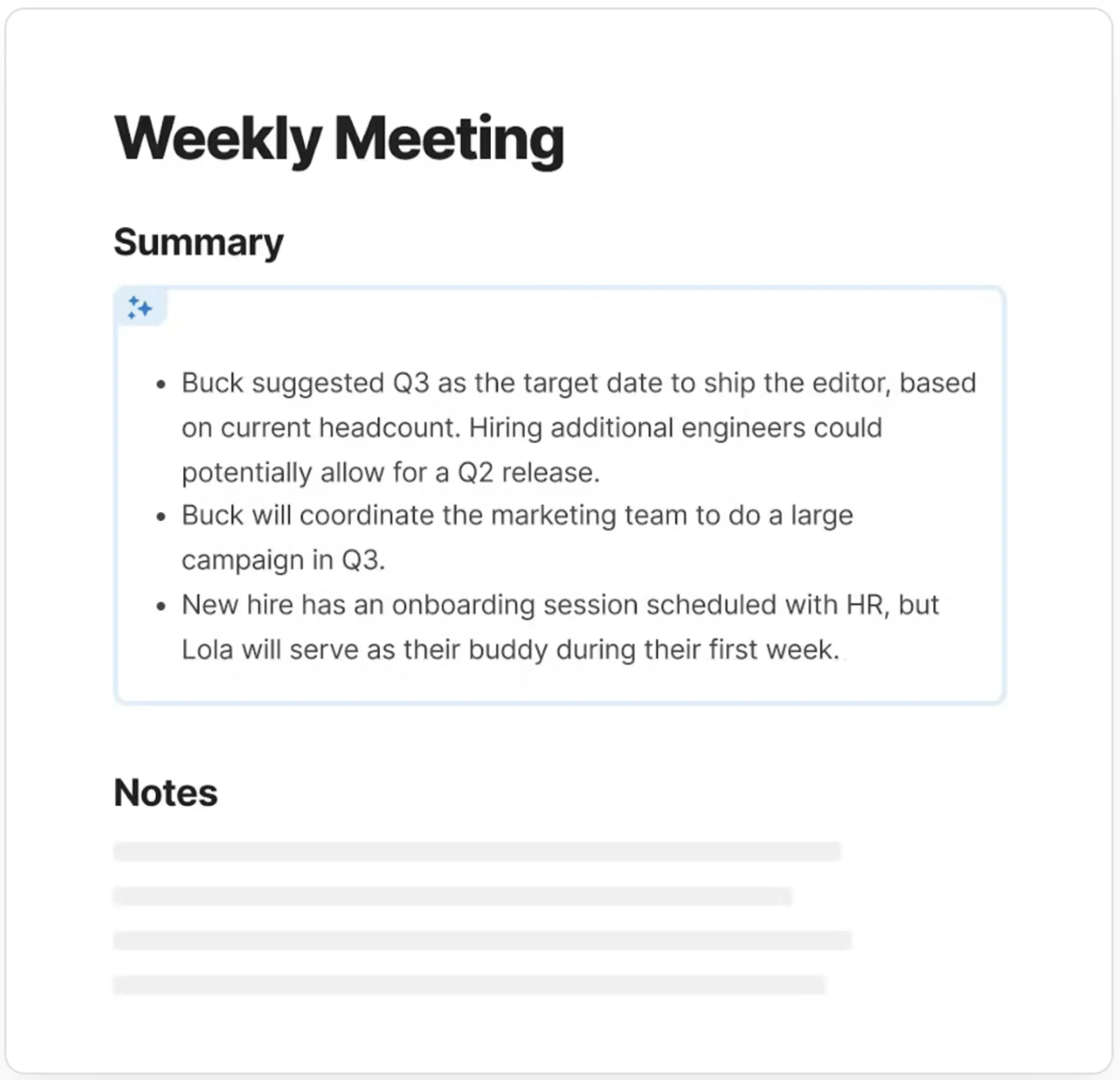 Coda AI Auto summarise weekly meeting notes for productivity AI.