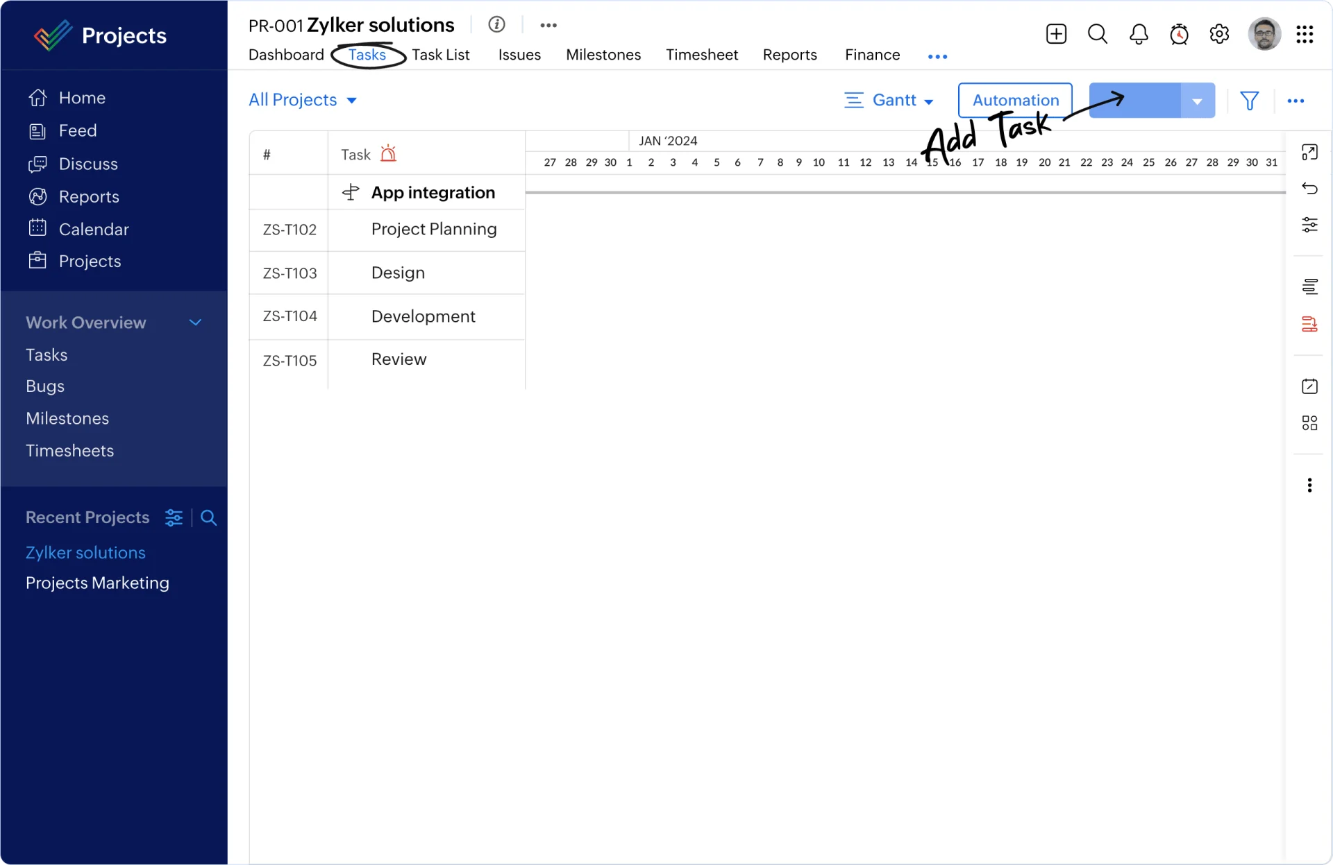 Zoho Projects workflow Gantt Chart for project management.