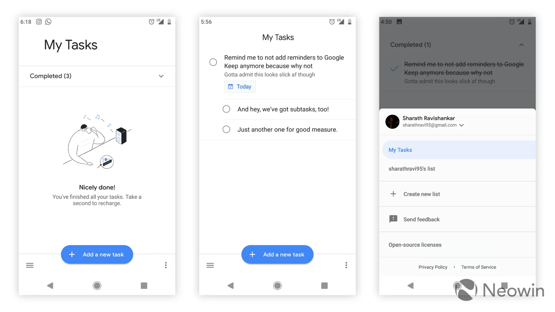 Google Tasks, Across 3 Screens, Mobile Google Tasks App