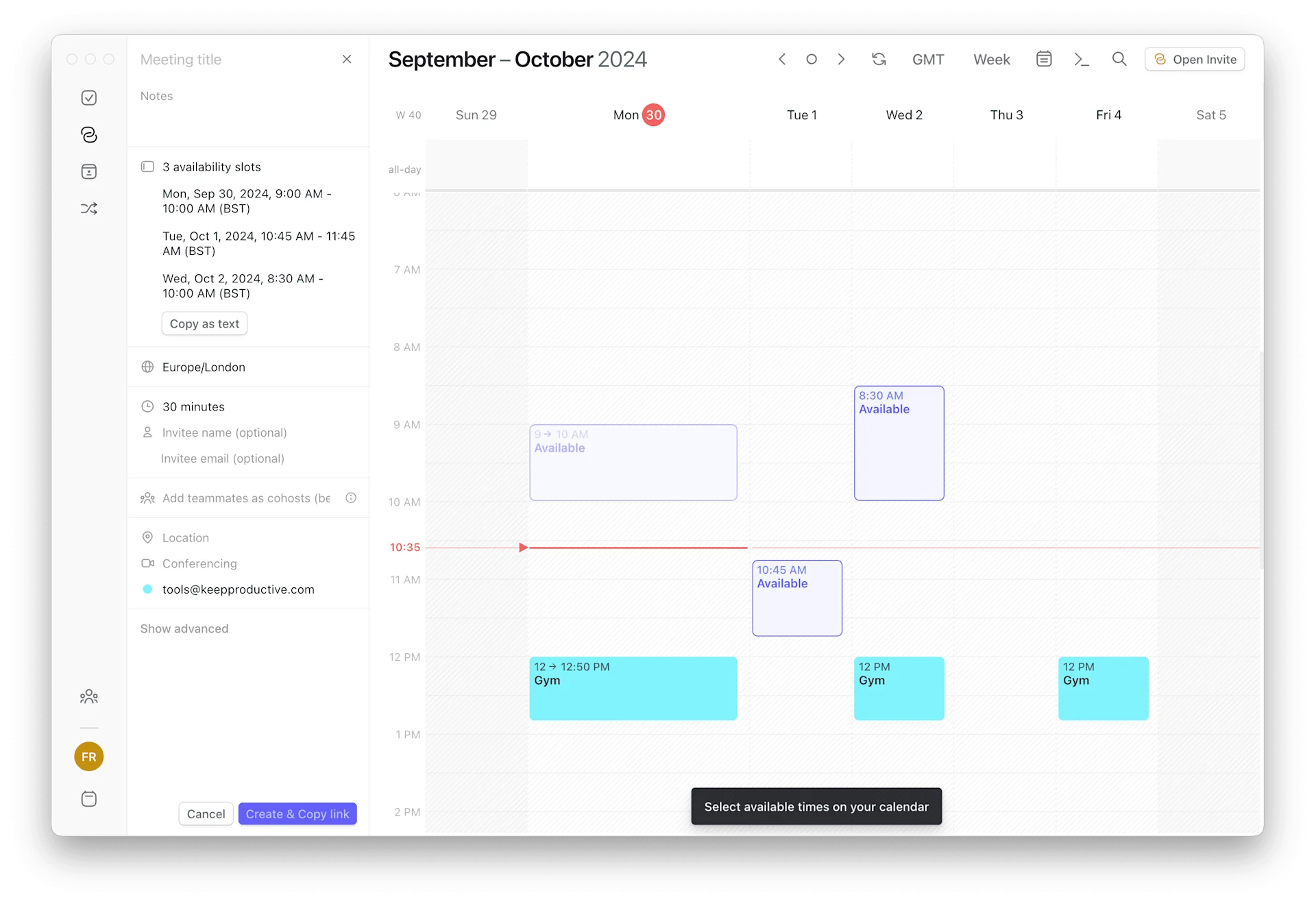 Showing some dates available for someone to book a meeting in Morgen Calendar