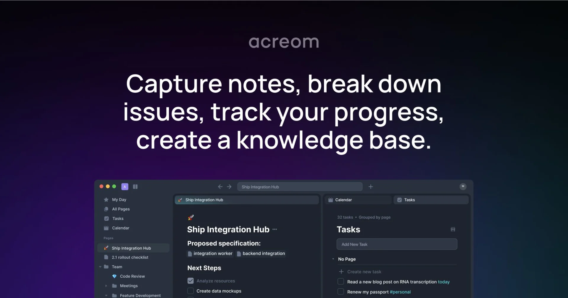 Acreom note-taking tool for second brain personal knowledge management.
