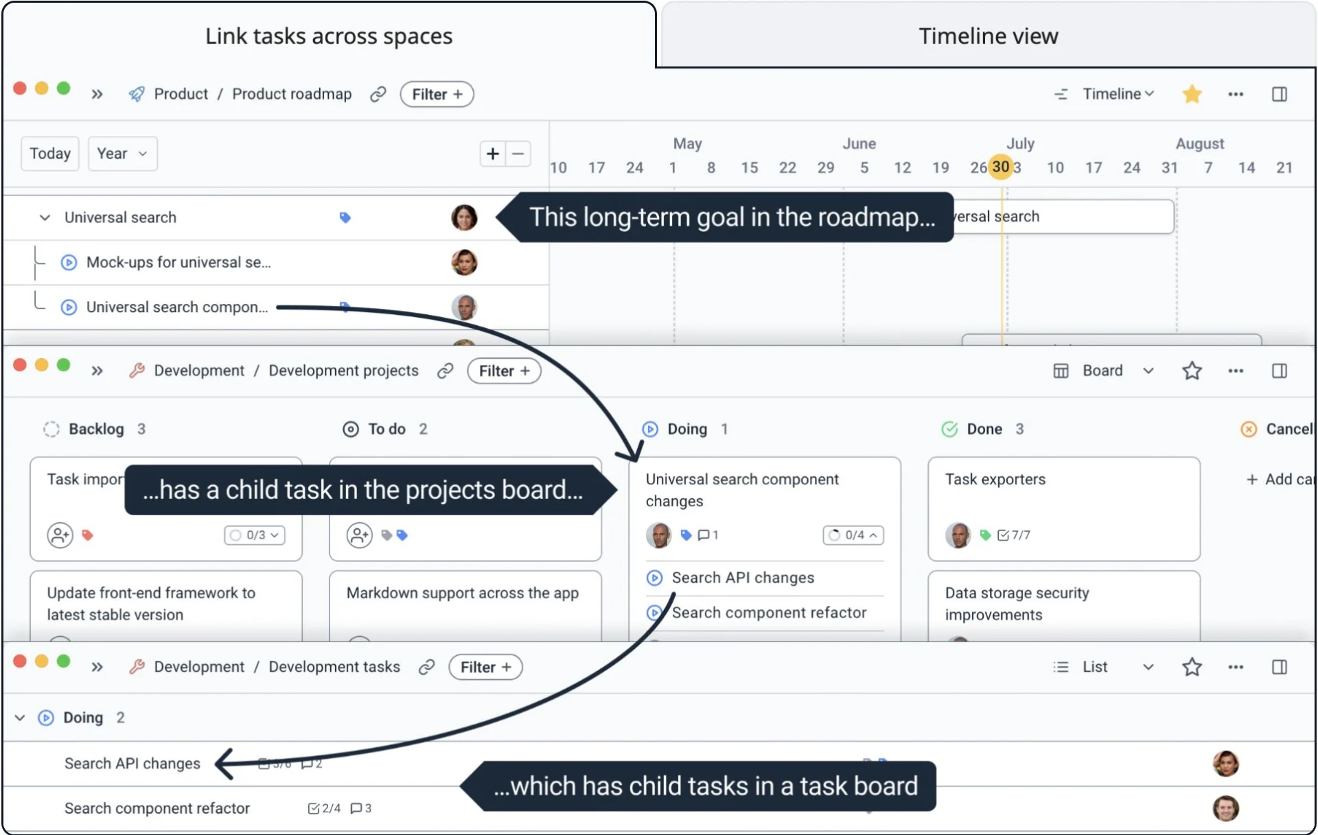 Superthread task linking and timelines.