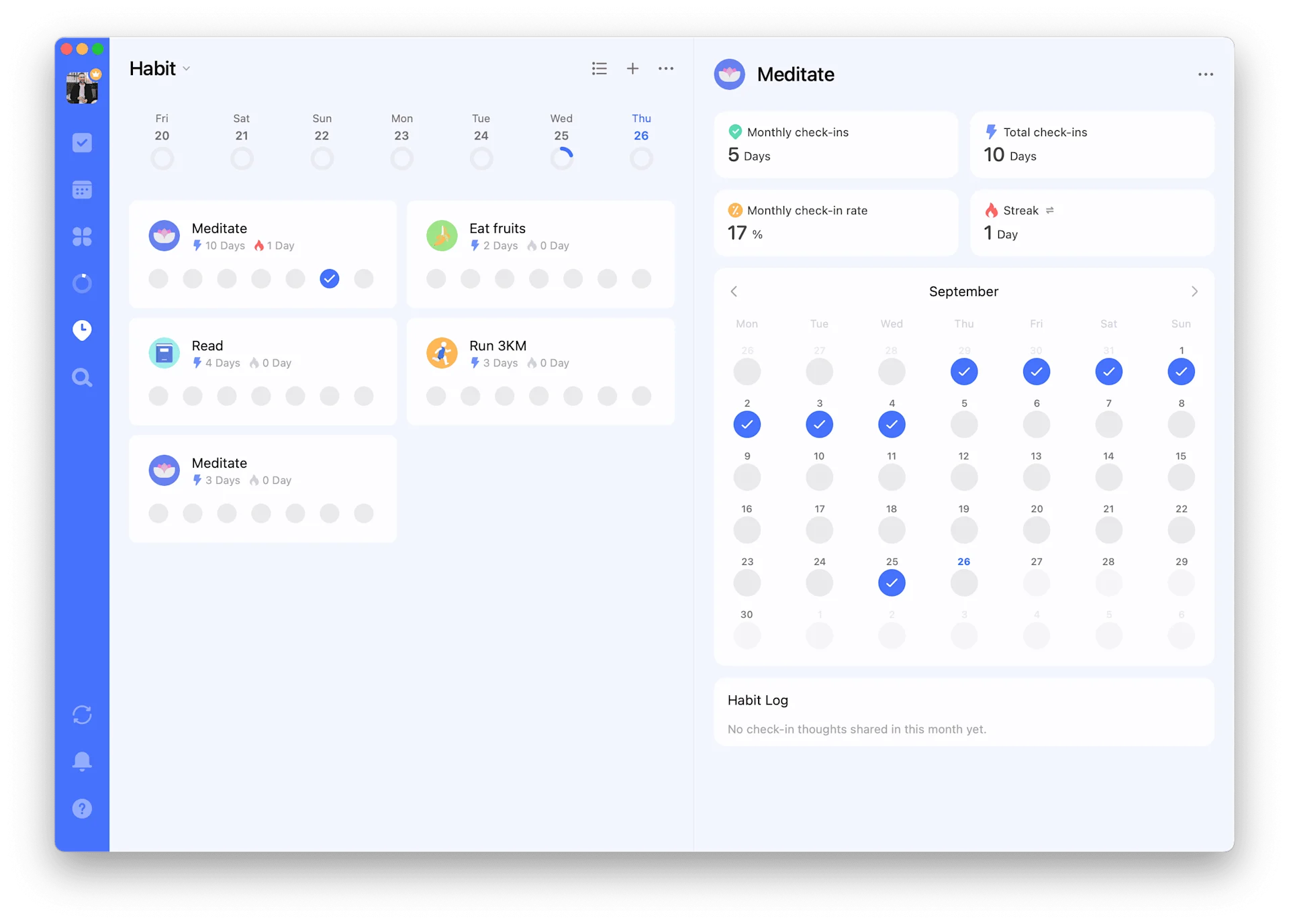 Creating habits in TickTick is easy and simple. Work your habits alongside task management and calendar.