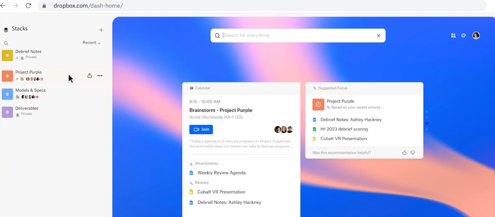 Dash Dropbox, Start Page