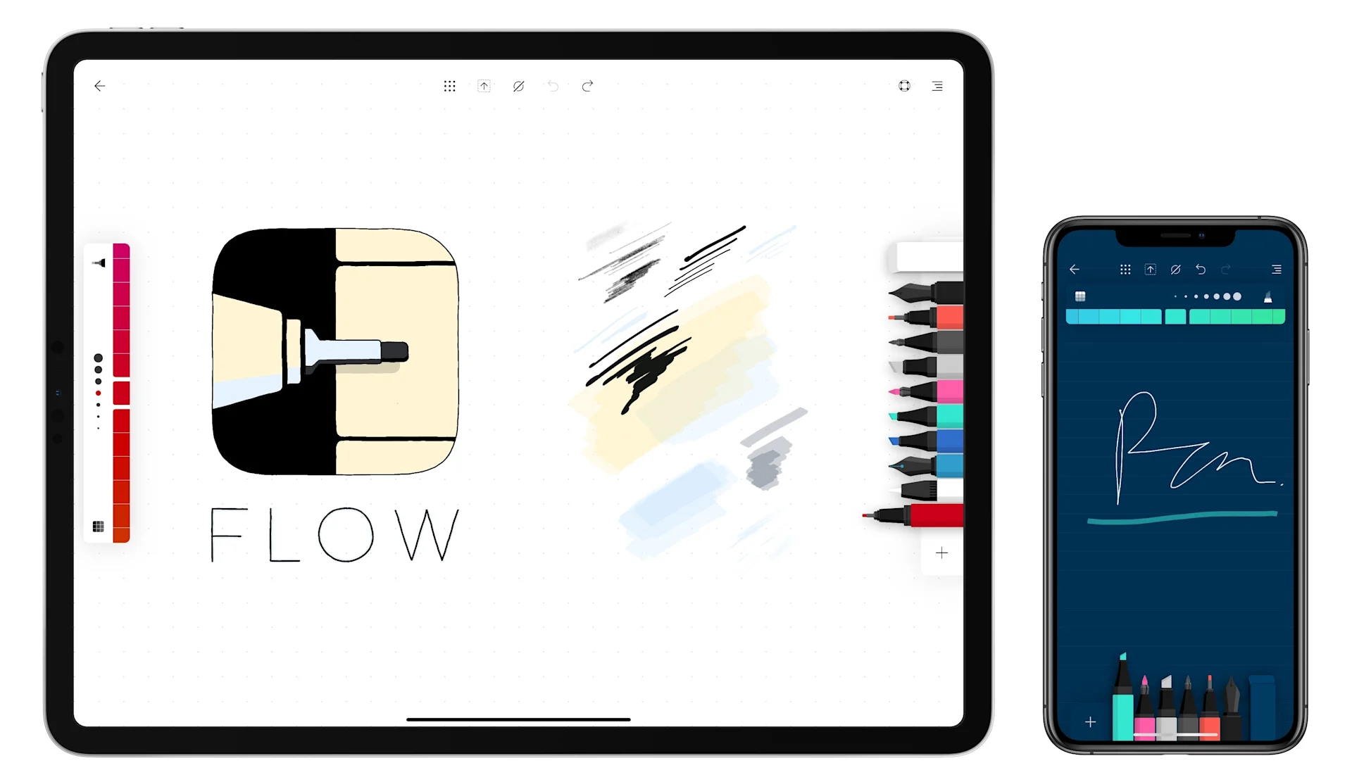 Moleskine Flow from the Moleskine suite on ipad and iphone using different brushes.
