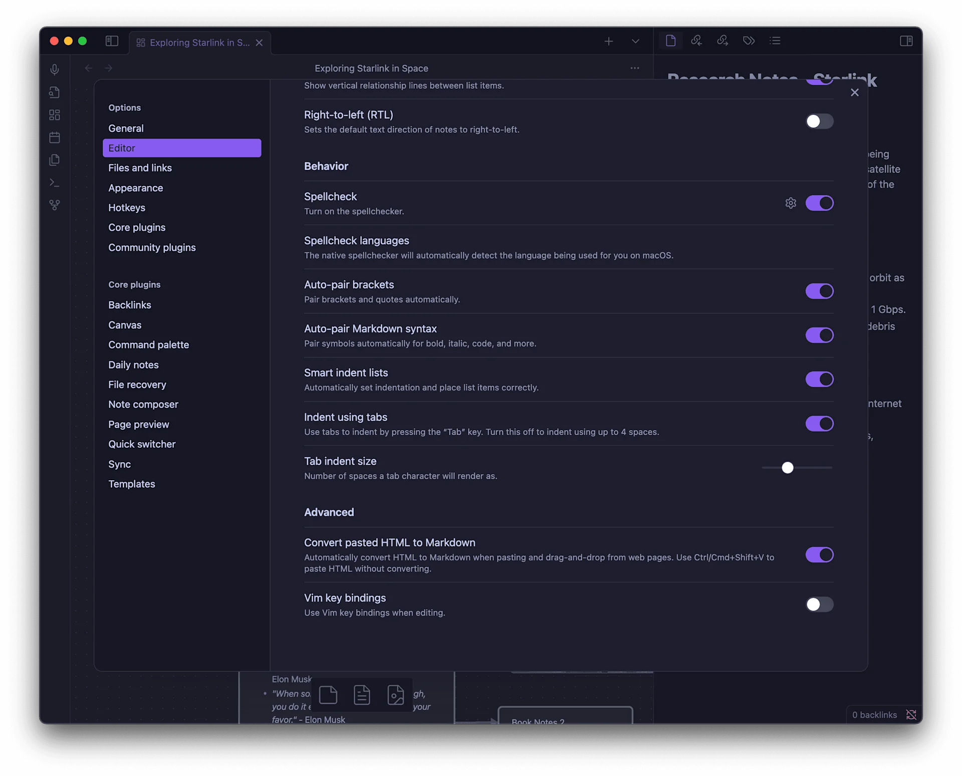 Obsidian Markdown, Note Settings