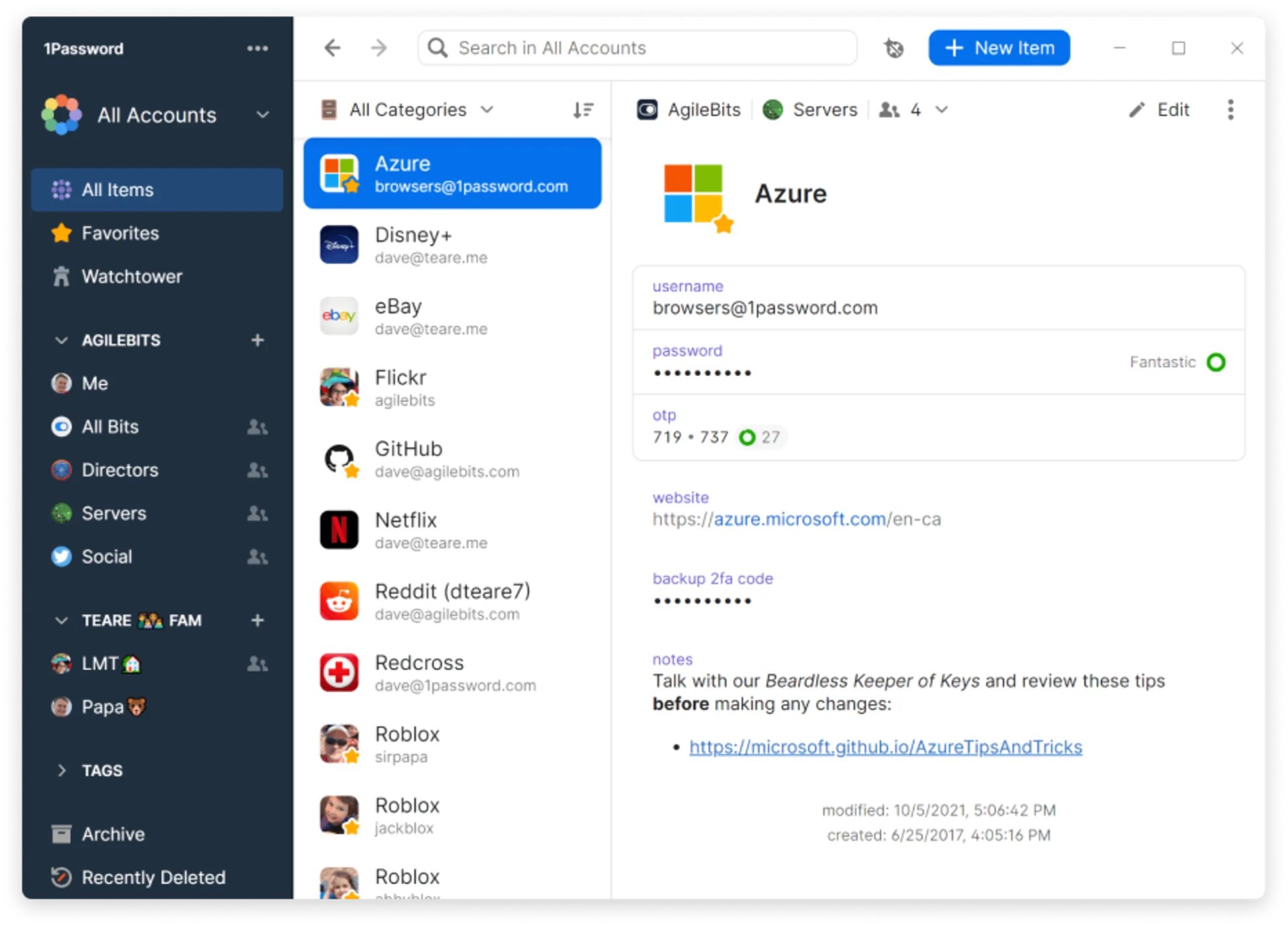 1Password secure password application with security information.