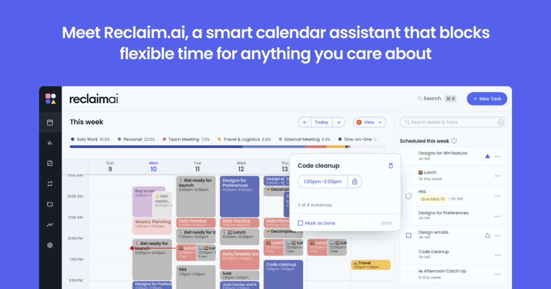Reclaim AI smart calendar app for calendar scheduling and organising.