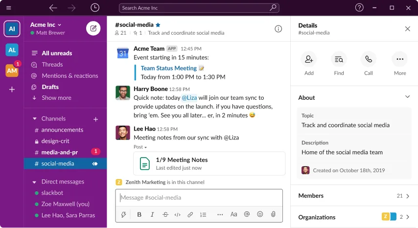 Slack, Windows App, Chat Open, with Chat Details Open and Meeting Note in Chat