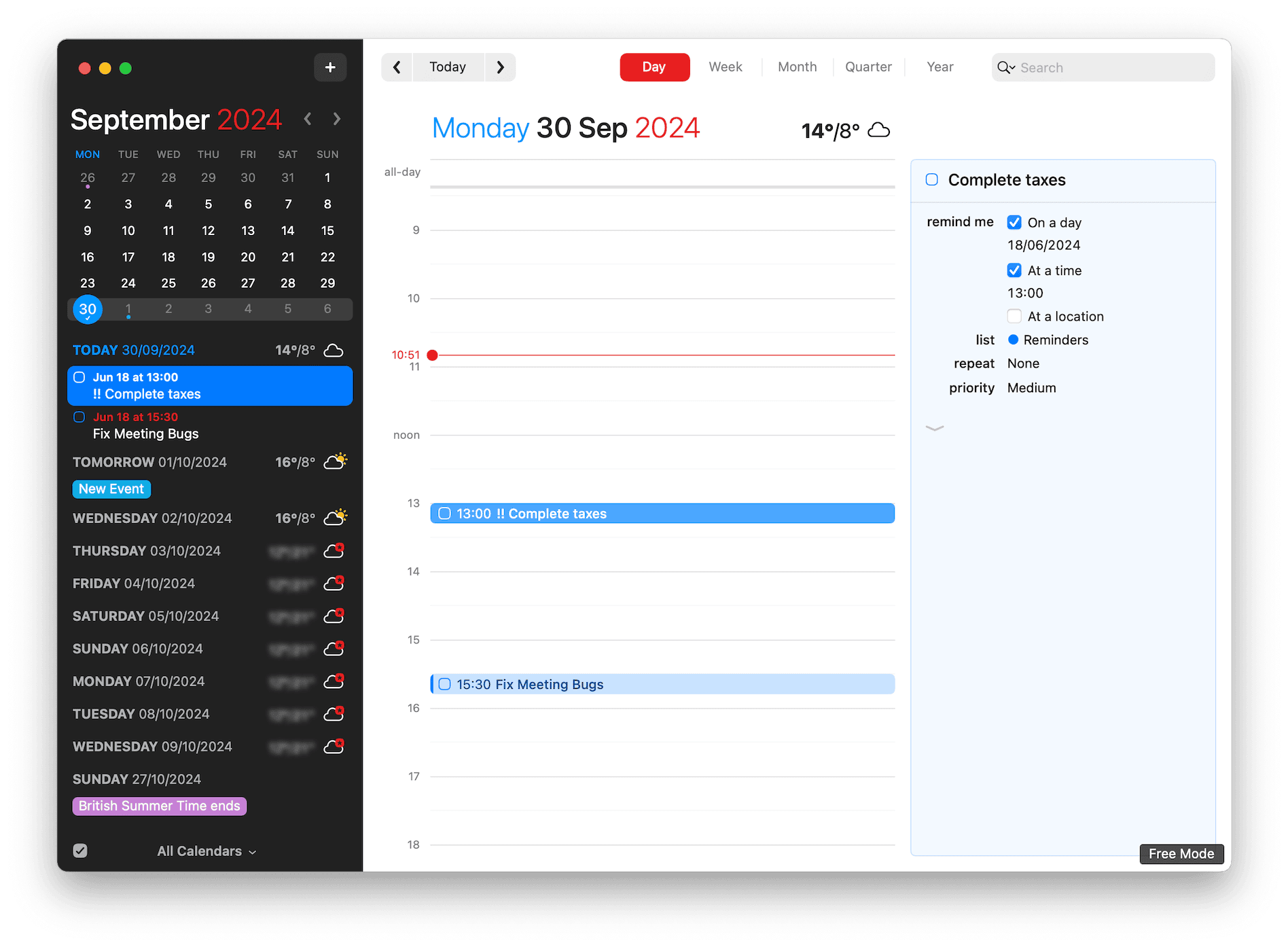 Fantastical Calendar, Shows Fantastical with Day View open, Task Open alongside too