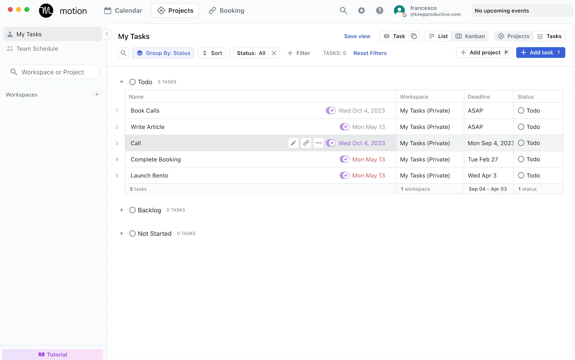 Motion, Project Management, List View