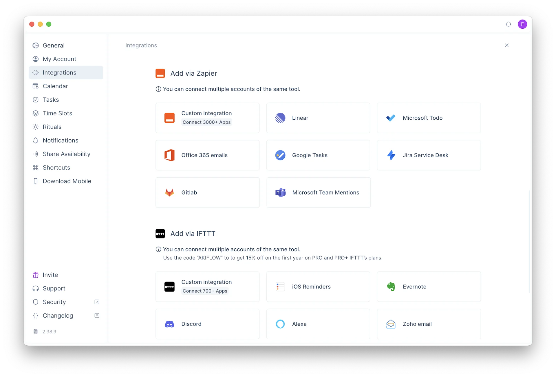 Managing Zapier and IFTTT on Akiflow