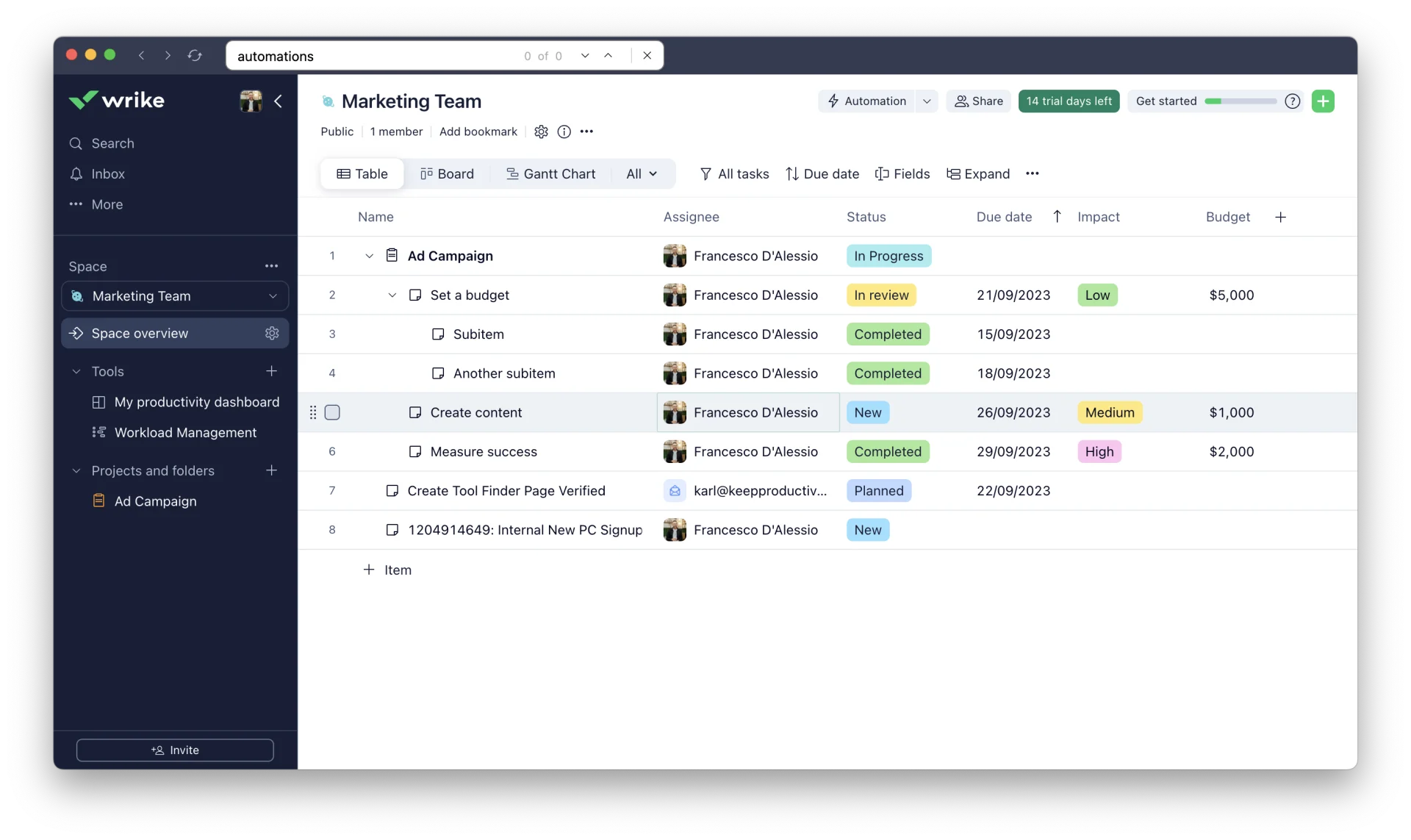 Managing Your Table in Wrike, Planning Tasks, Projects