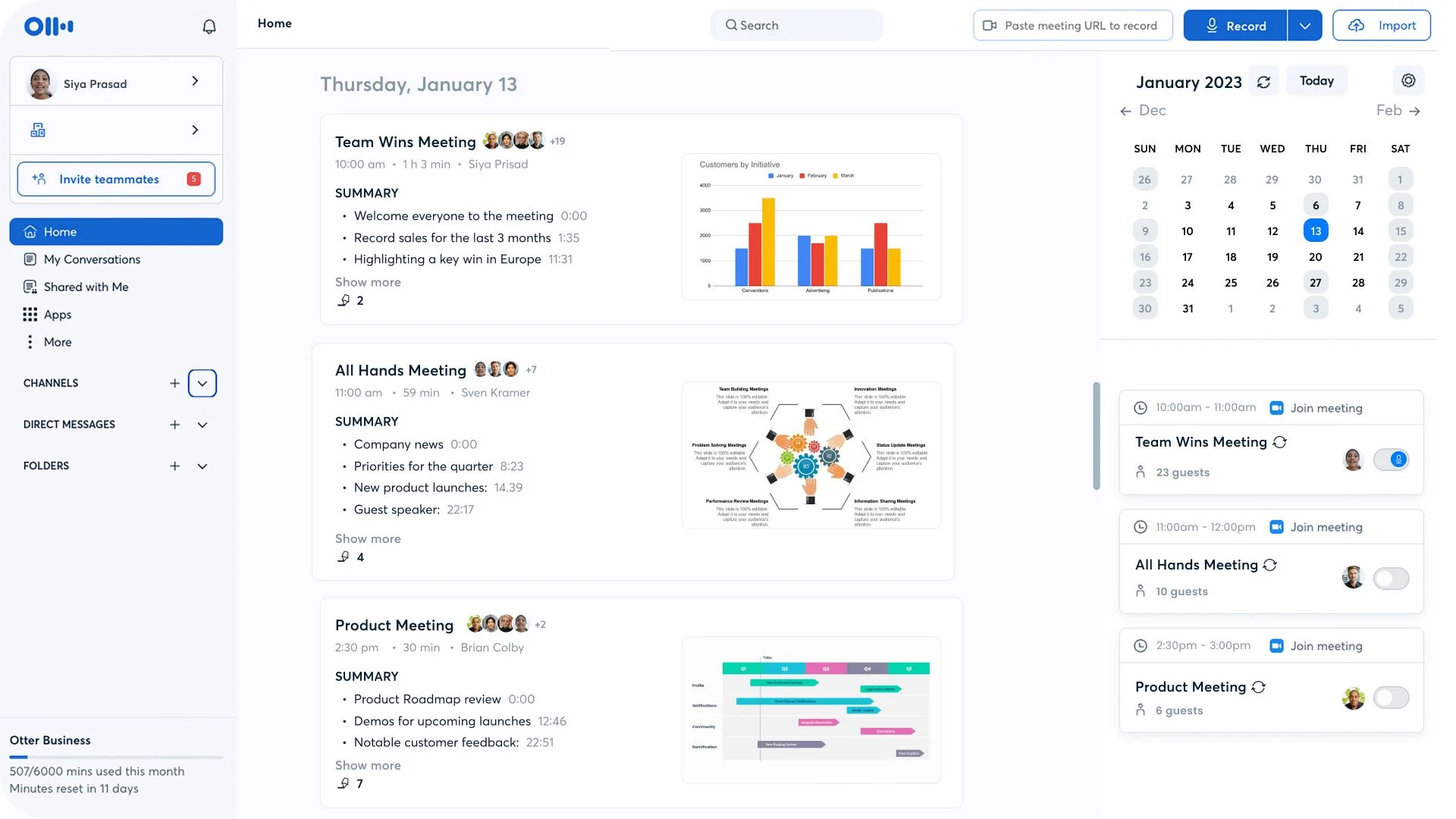 Otter AI homepage for summaries, emails, team chat and meetings.