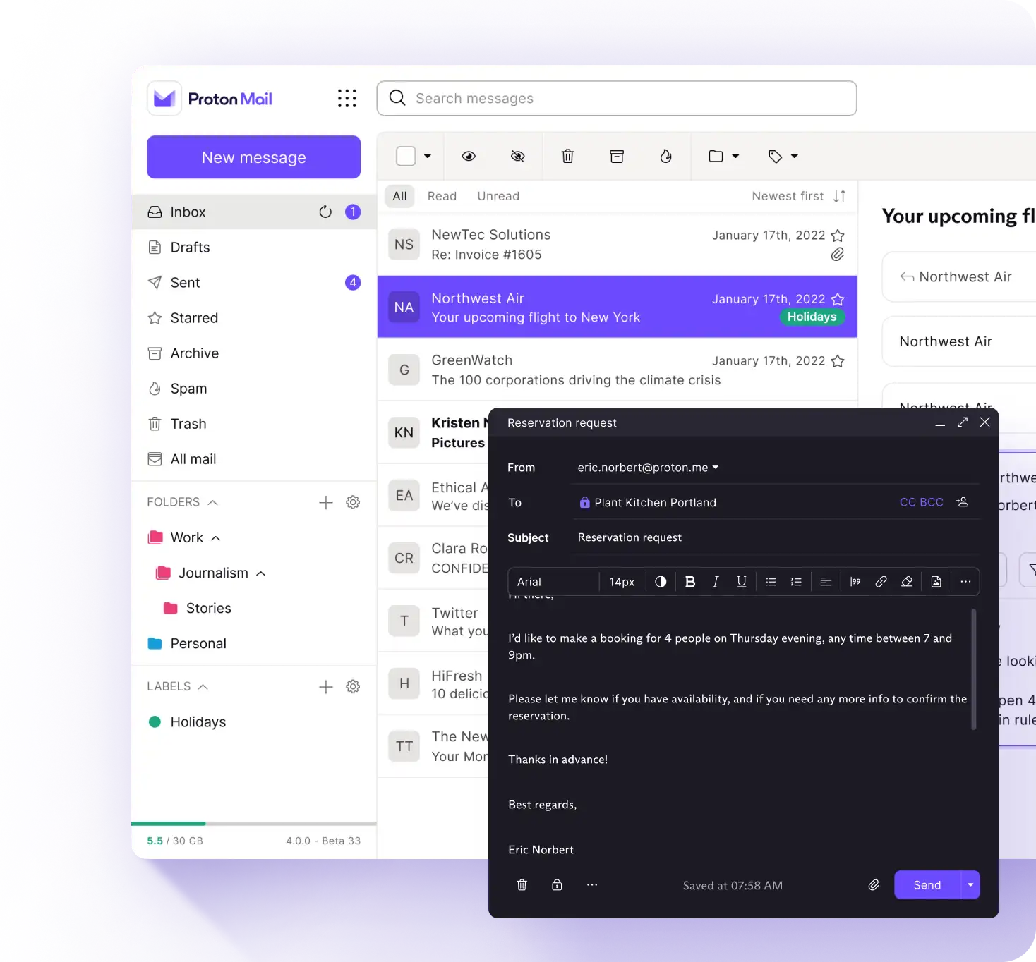 Proton Mail email client sending a message example.