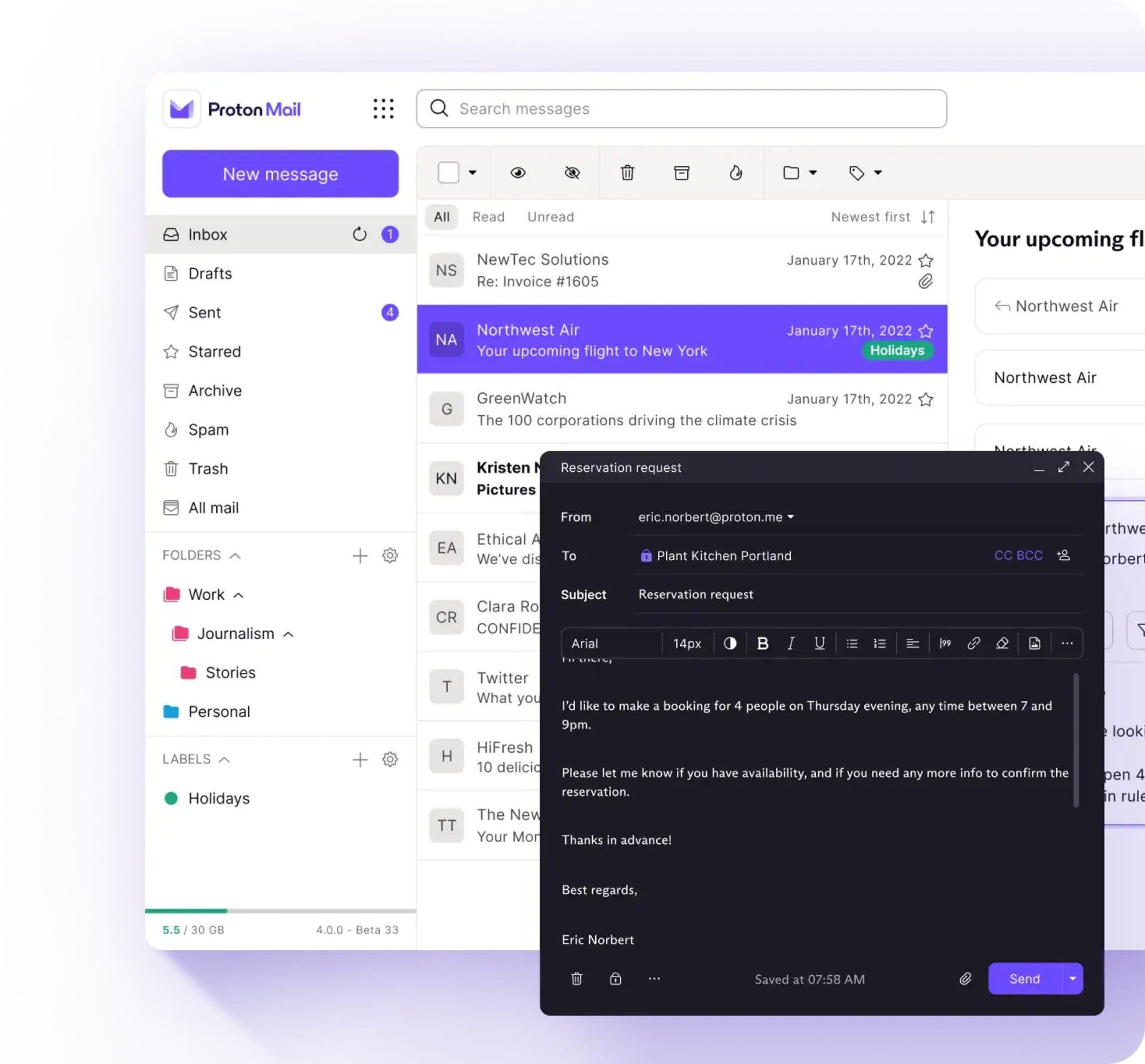 Proton Mail email client sending a message example.