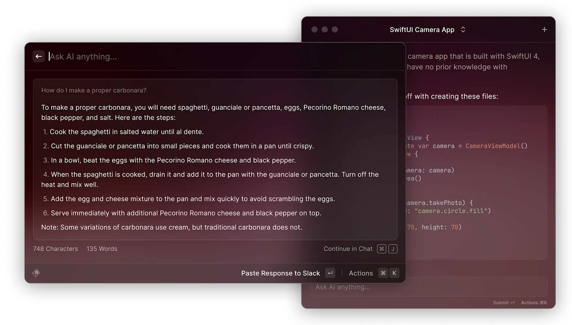 Raycast AI in productivity tool GPT-3 writing feature.