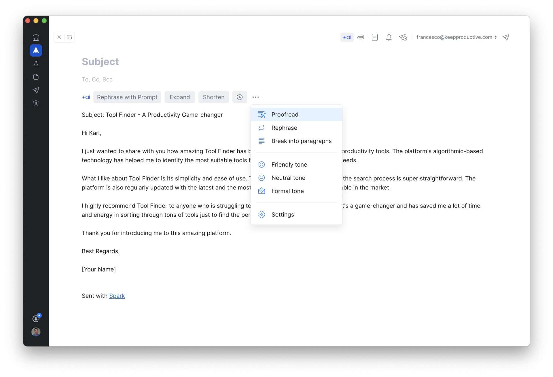 Spark Mail AI Example Email Draft