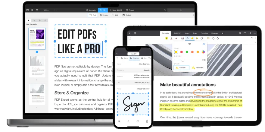 PDF Expert for editing and annotating PDFs on iPhone, iPad and Mac
