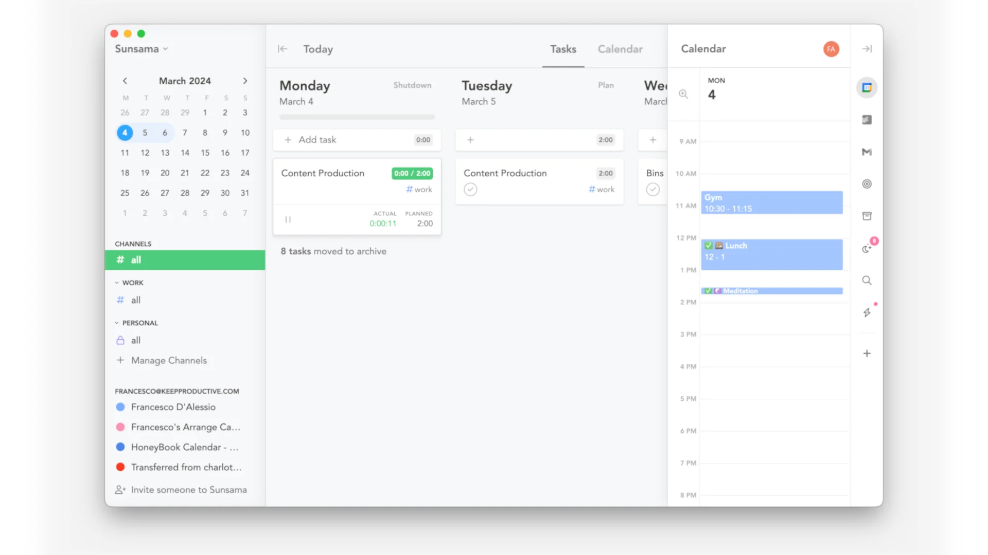 Sunsama Home view for managing tasks and calendar