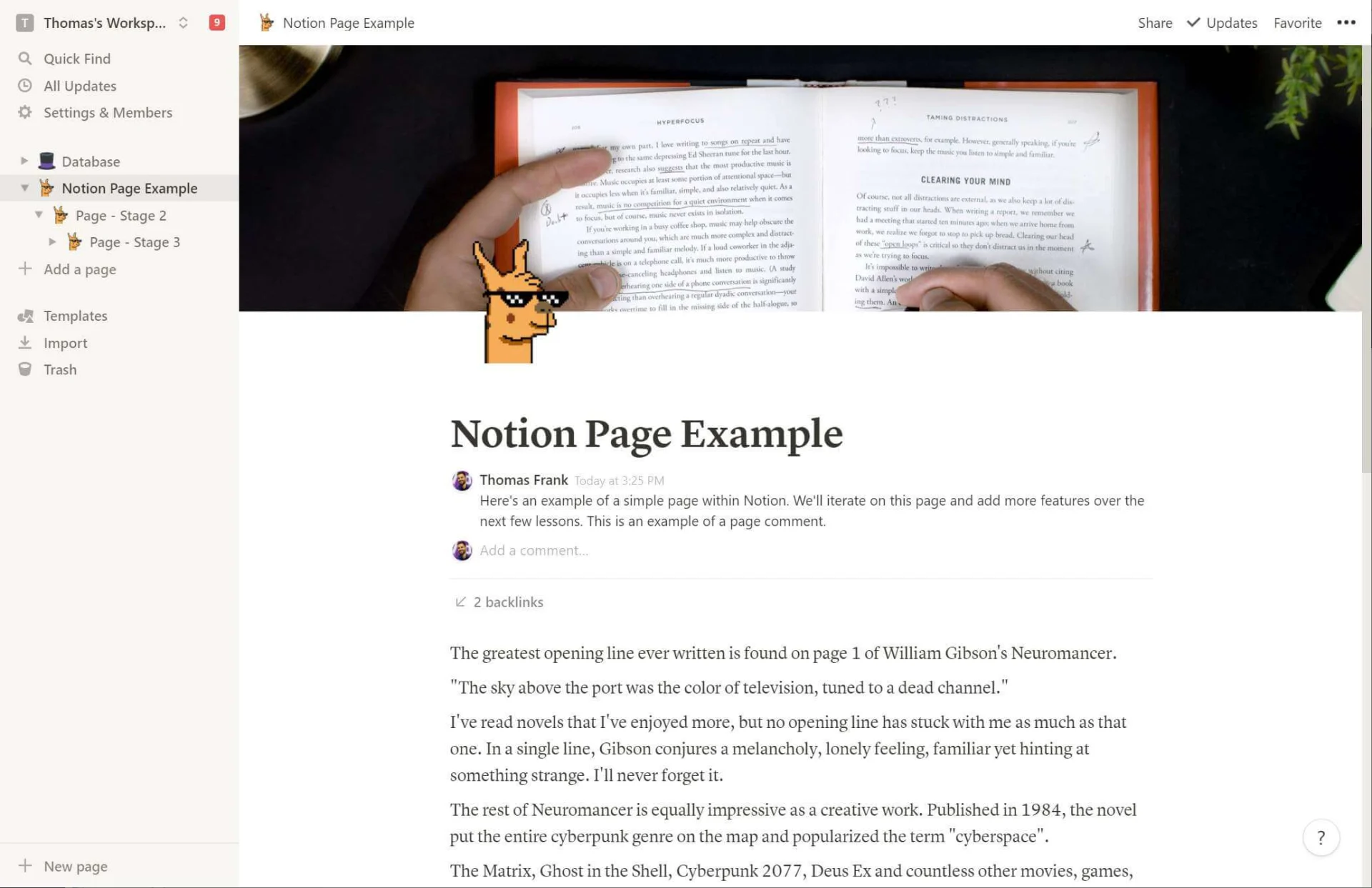 Notion Page example, a place to write date me docs, flexible document creation.