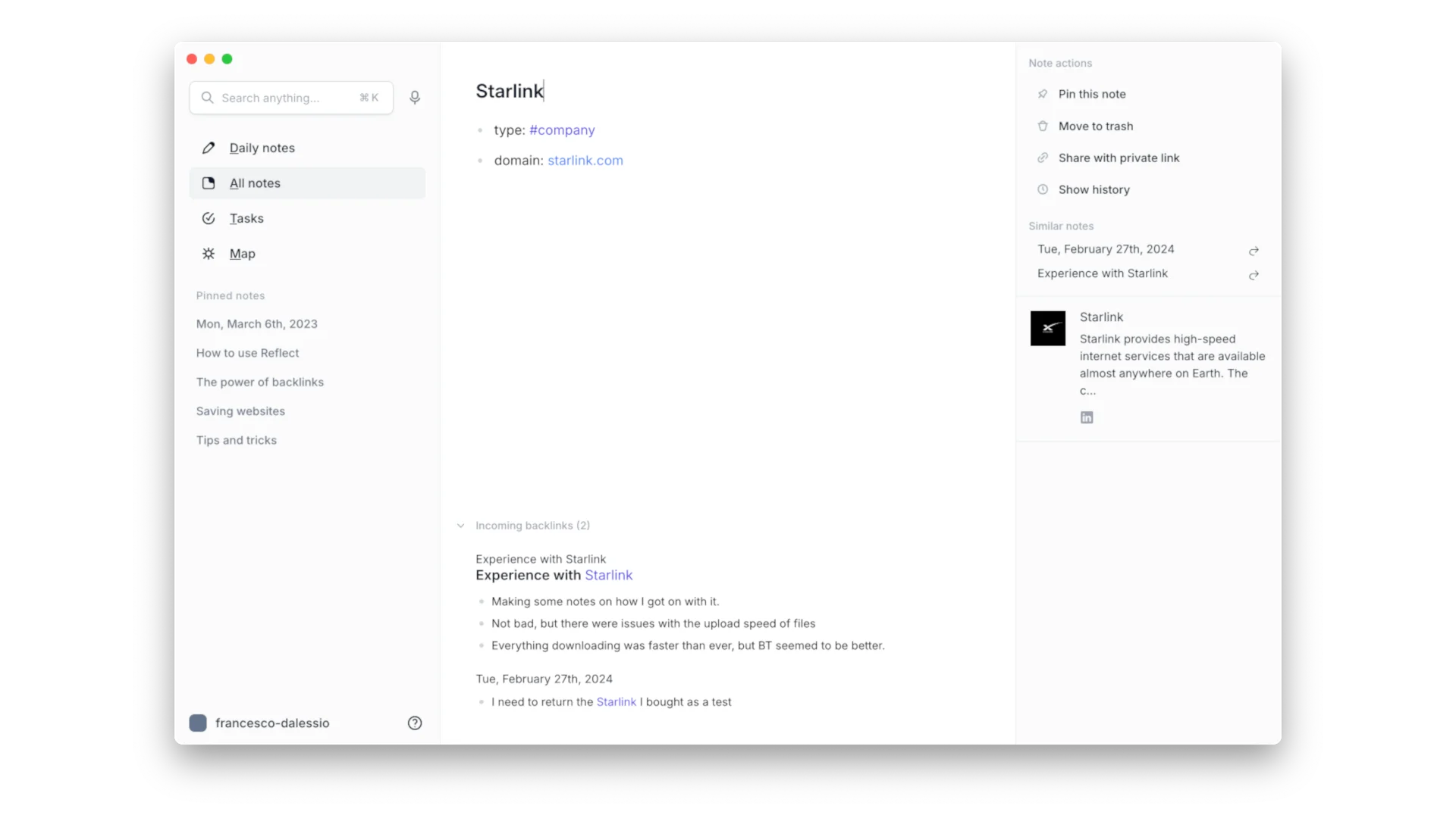 Reflect Notes, Light Mode, Home, macOS version
