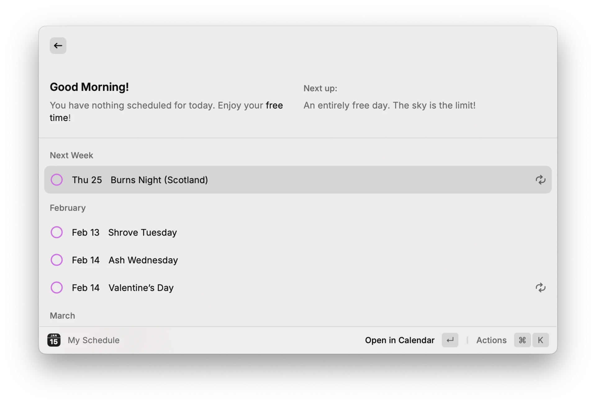 Raycast, Apple Calendar Management, Command Bar