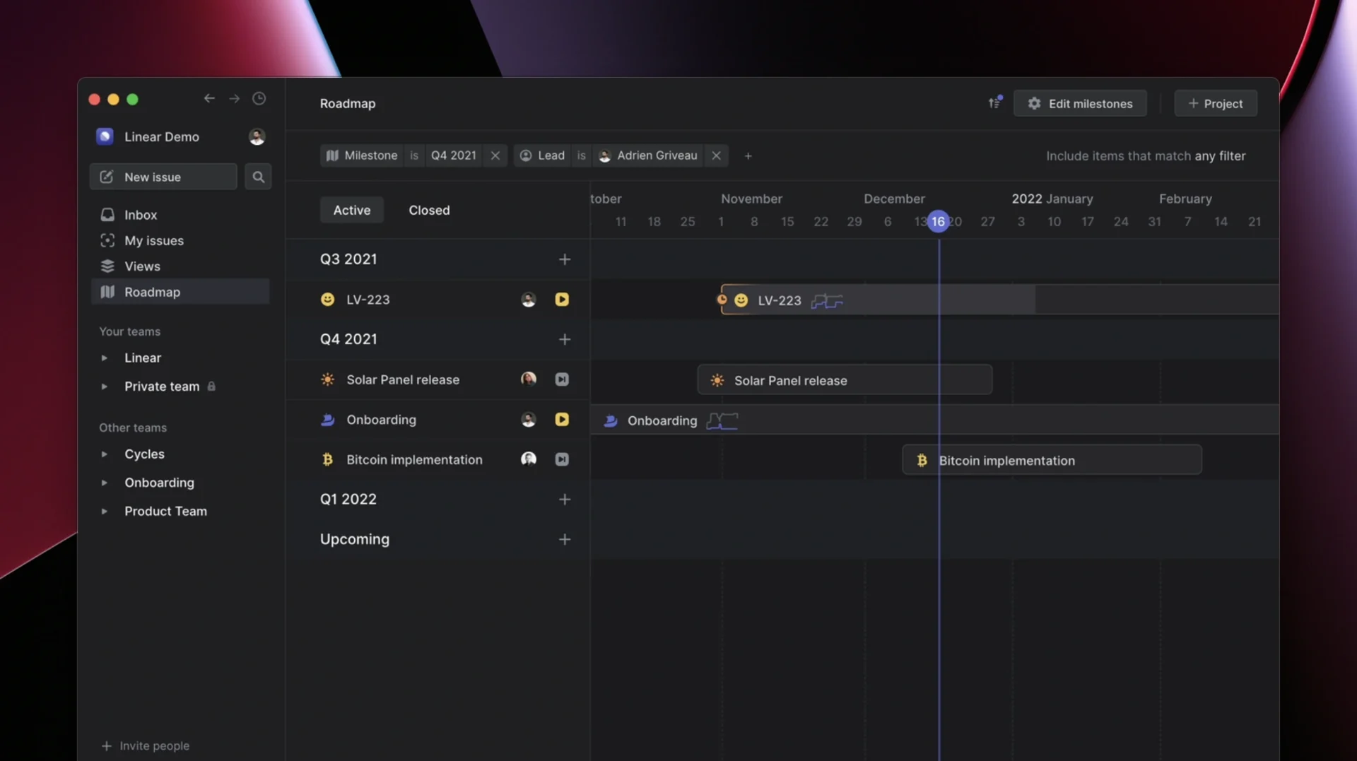 Linear Projects roadmap feature for product planning and product process.