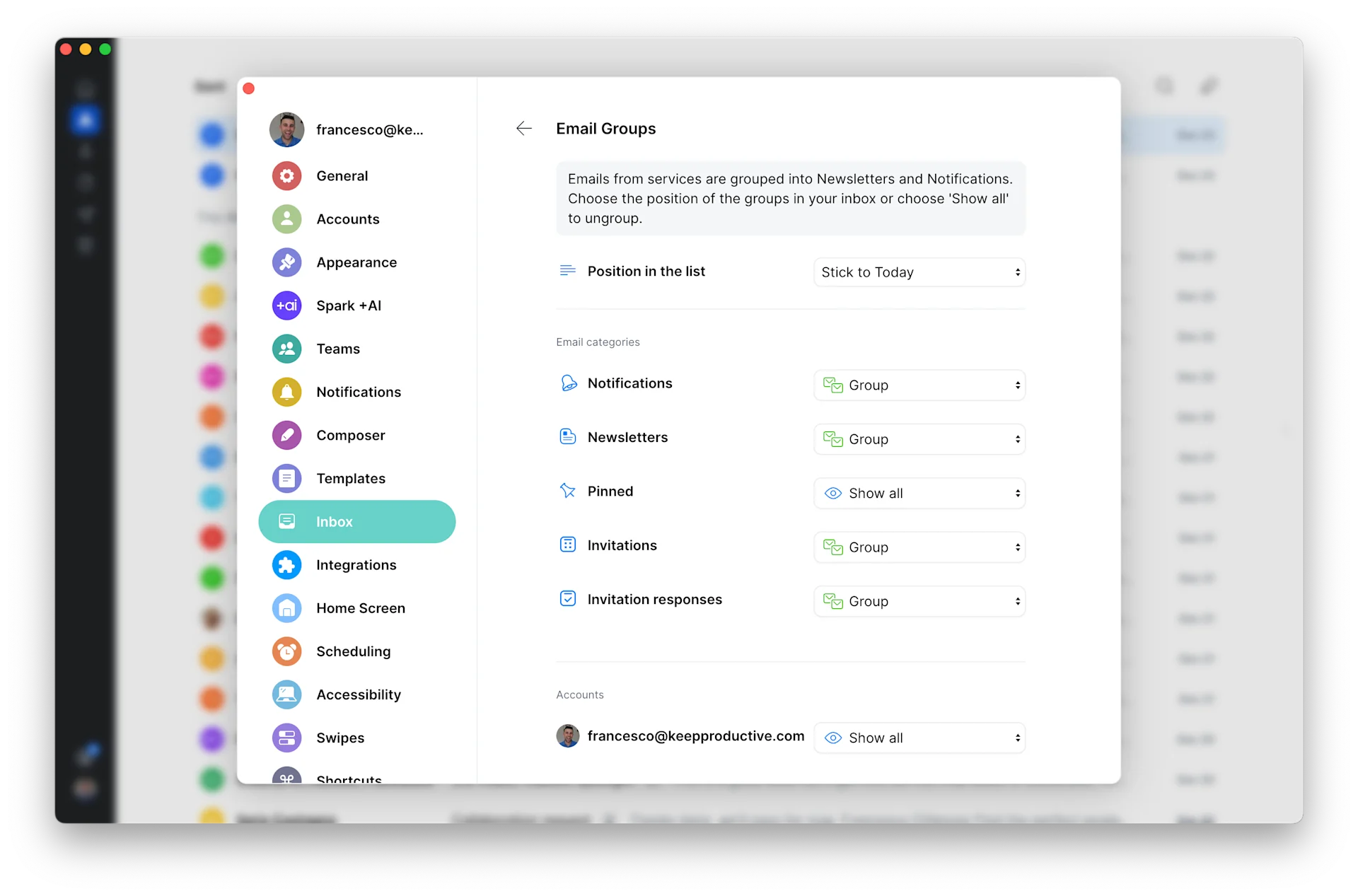 Priority Inbox Settings, Grouping, Spark Mail Email App