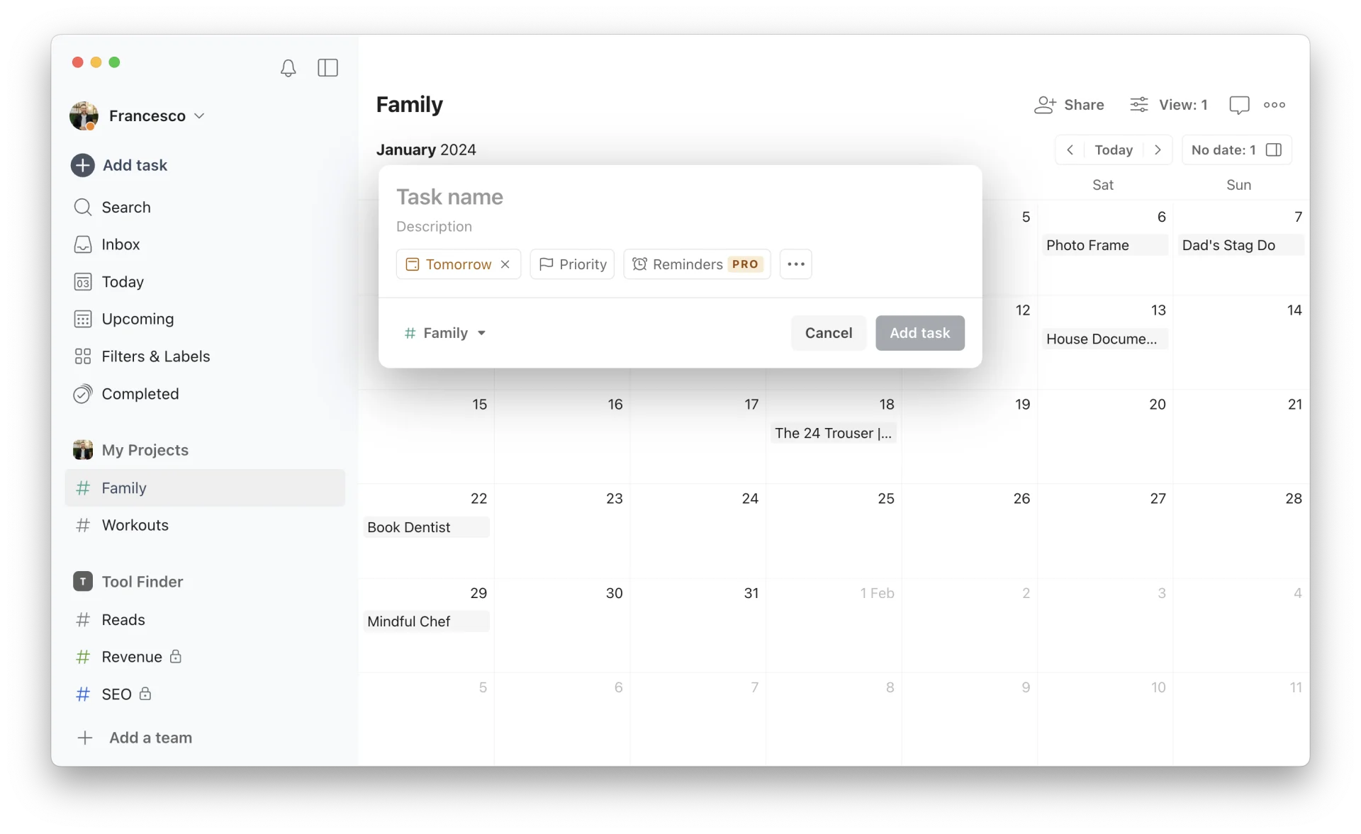 Todoist Task, Calendar Mode, Project View