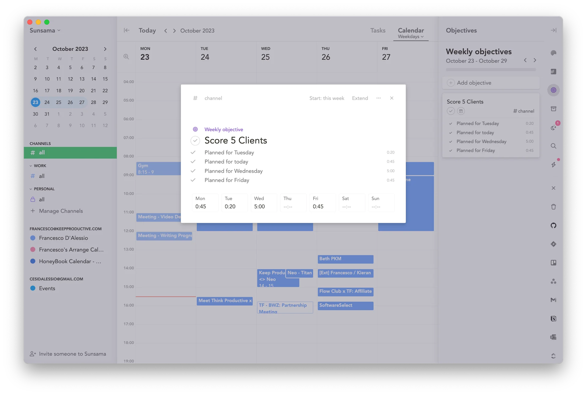 Weekly Objectives in Sunsama, Demo