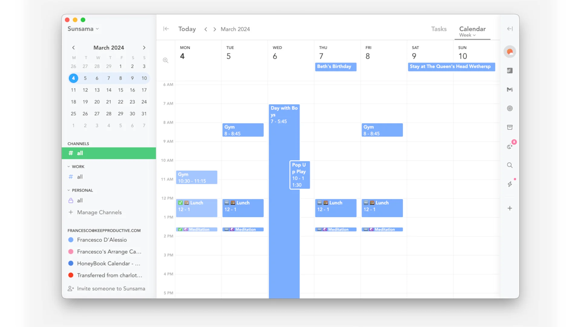Sunsama just calendar view