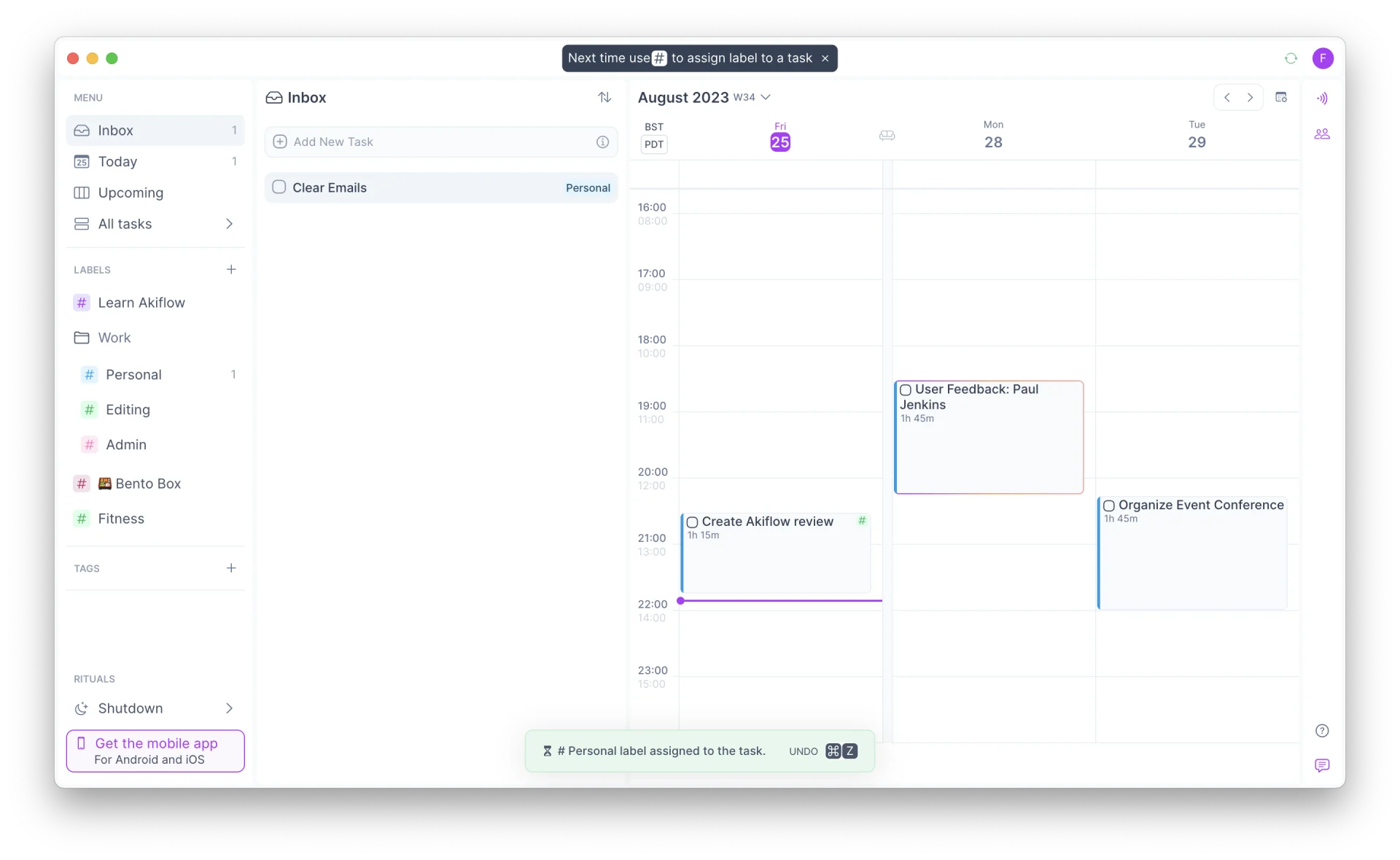 Akiflow, Daily Planner App, Tasks and Calendar