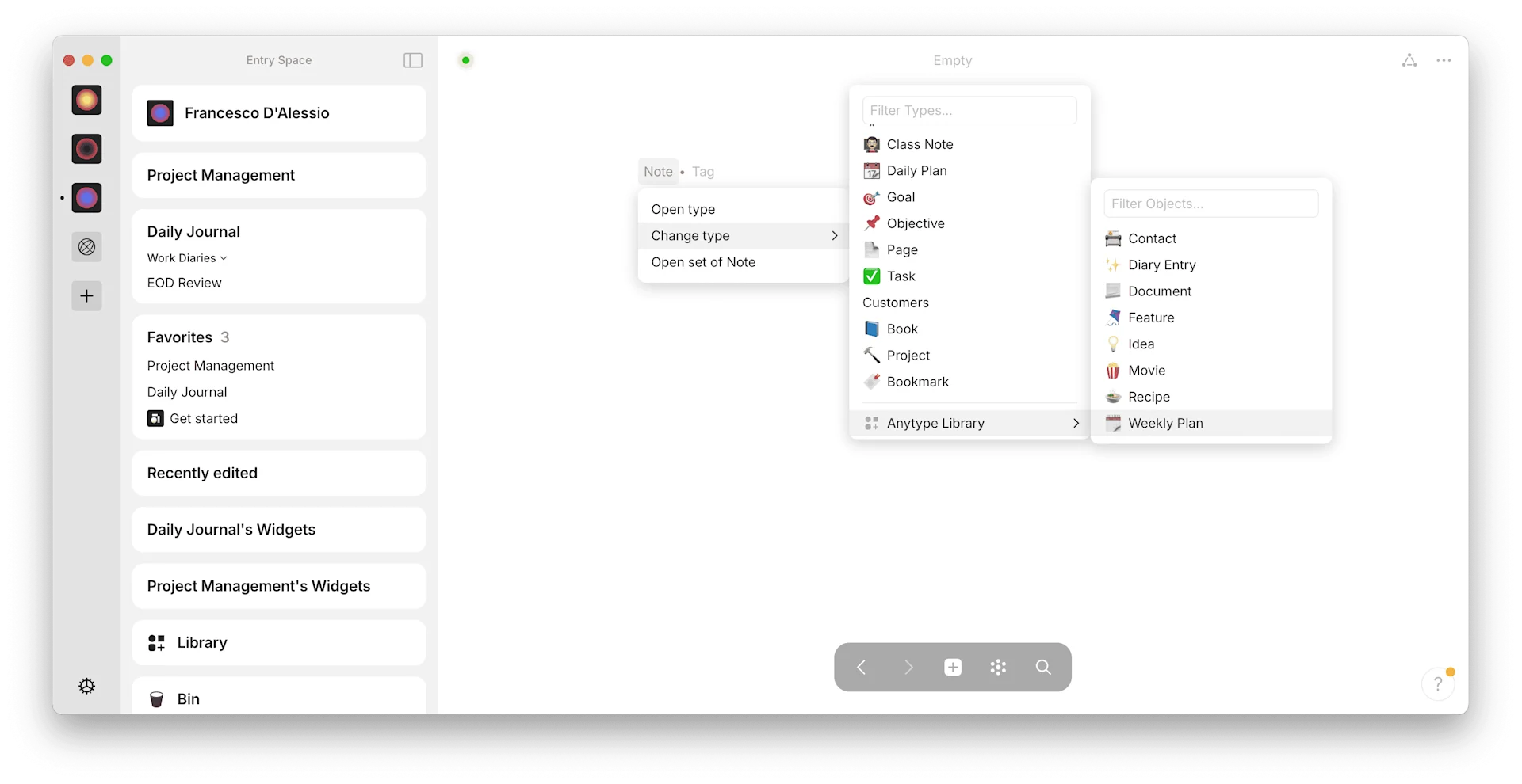 Anytype, showing modal of open note type, showing options