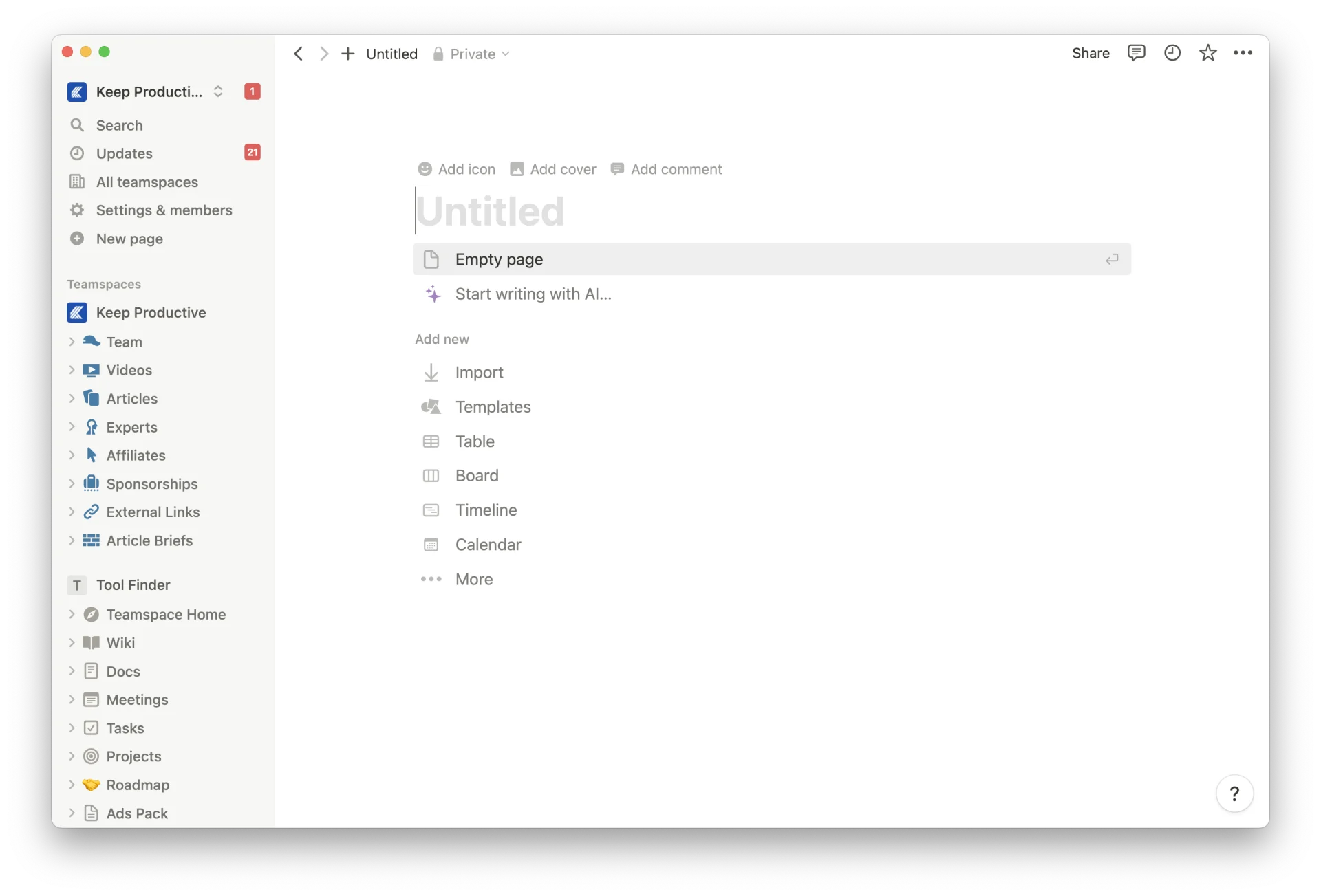 New Page in Notion, Notion Productivity App