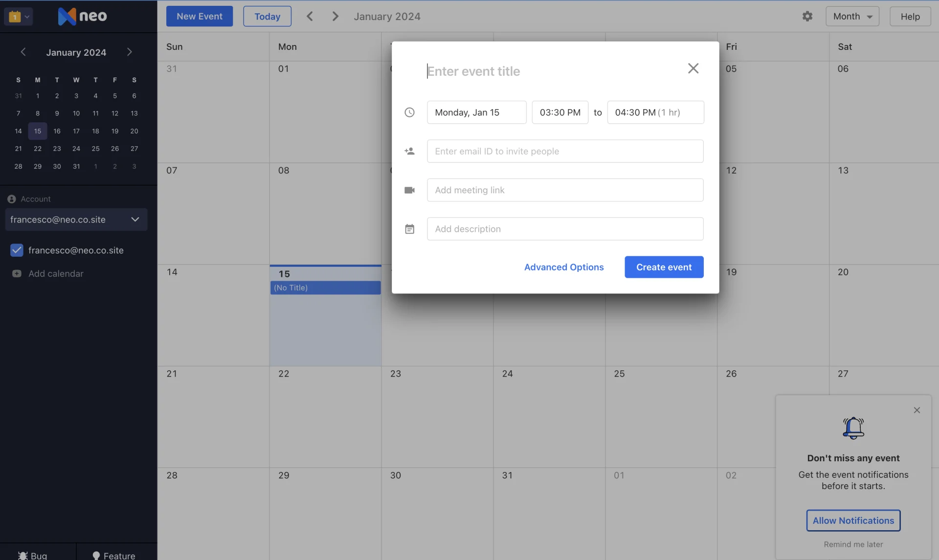 Neo Calendar App, Managing Events in Calendar