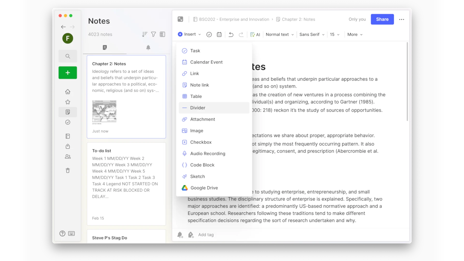 Evernote - inside note, all notes