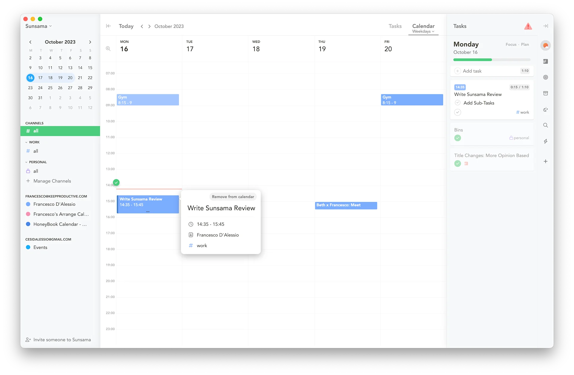 Sunsama Calendar and Tasks View