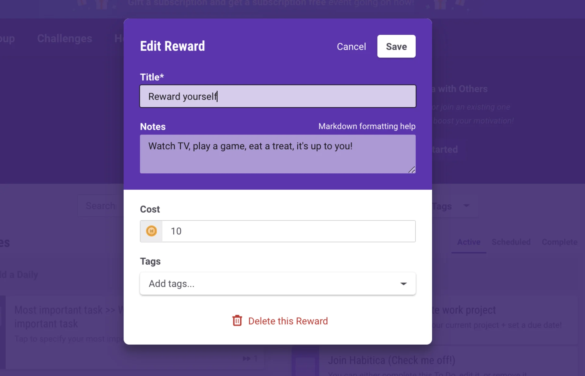 Habitica, Add Your Own Rewards to Habitica