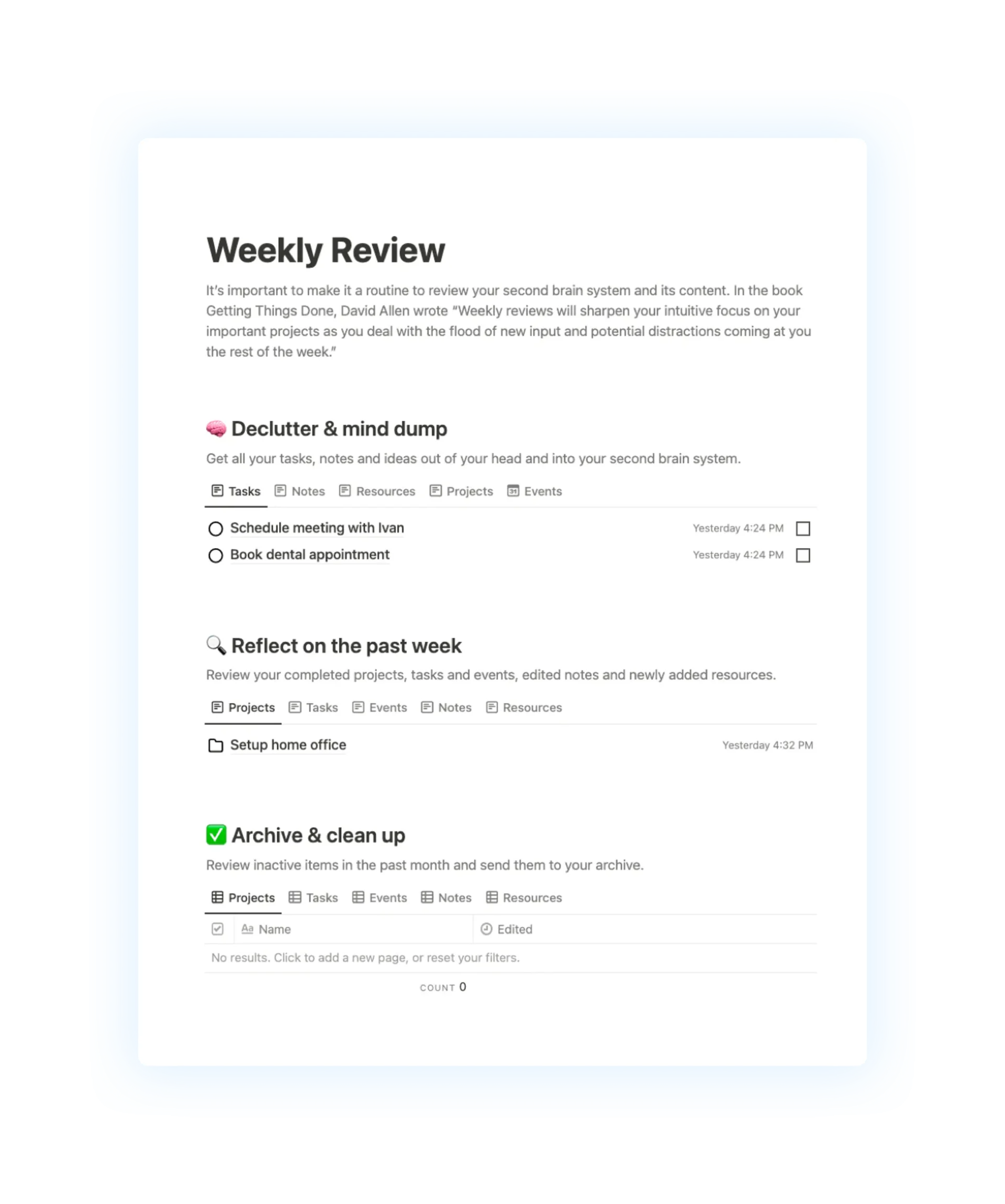 Weekly Review feature inside Easlo best Notion Templates.